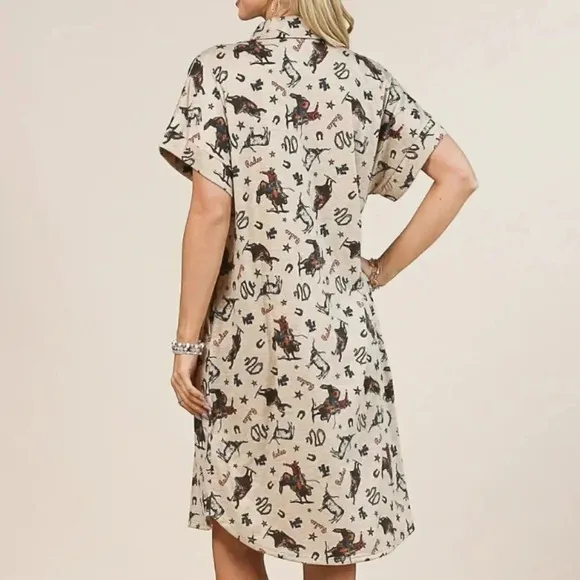 New! Cowboy Rodeo Western Print Button Down Short Sleeve Dress