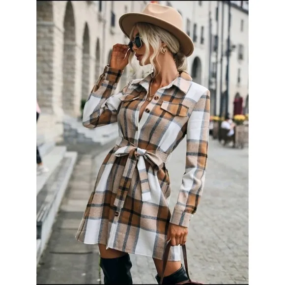 NEW Cozy Plaid Flannel Shirt Dress Shacket Tan White Black Button Up