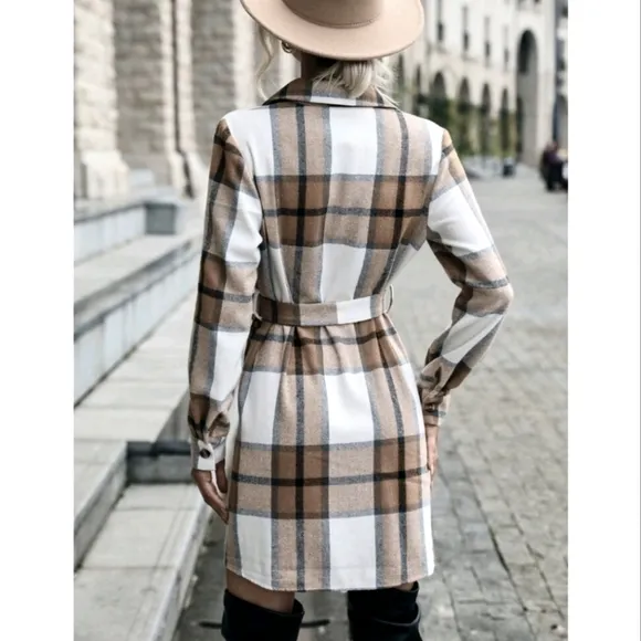 NEW Cozy Plaid Flannel Shirt Dress Shacket Tan White Black Button Up