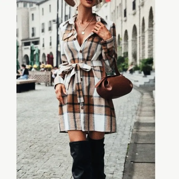NEW Cozy Plaid Flannel Shirt Dress Shacket Tan White Black Button Up