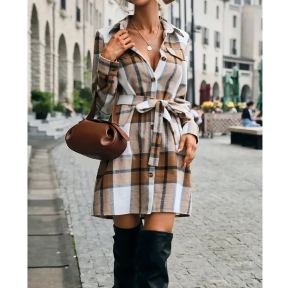 NEW Cozy Plaid Flannel Shirt Dress Shacket Tan White Black Button Up