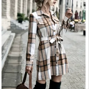 NEW Cozy Plaid Flannel Shirt Dress Shacket Tan White Black Button Up