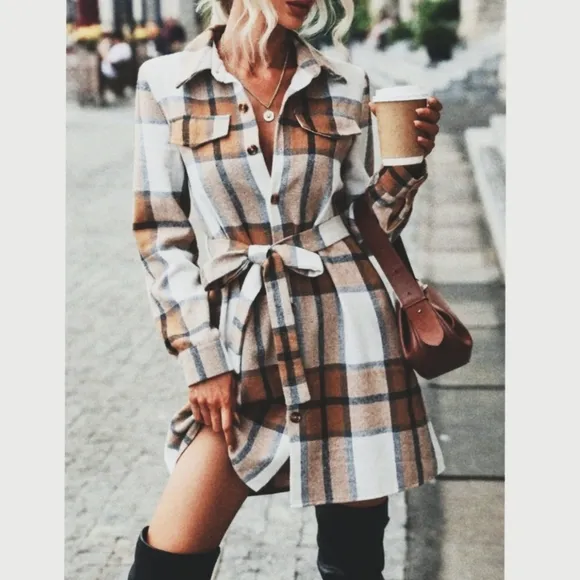 NEW Cozy Plaid Flannel Shirt Dress Shacket Tan White Black Button Up
