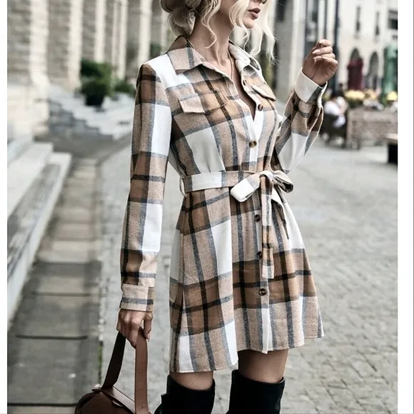 NEW Cozy Plaid Flannel Shirt Dress Shacket Tan White Black Button Up