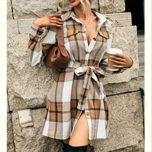 NEW Cozy Plaid Flannel Shirt Dress Shacket Tan White Black Button Up