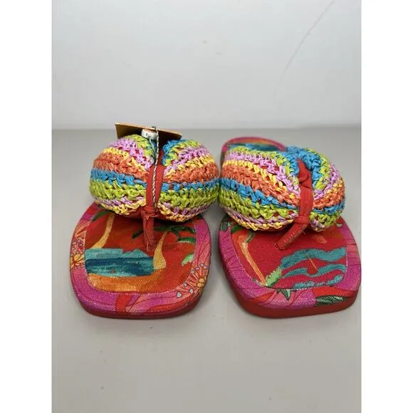 New Farm Rio Colorful Puffy Crochet Flip Flop Sandals Shoes Tropical Size 5