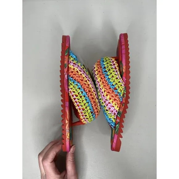 New Farm Rio Colorful Puffy Crochet Flip Flop Sandals Shoes Tropical Size 5