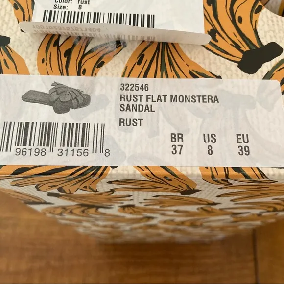NEW FARM Rio Flat Monstera Sandal Rust Brown with Tropical Print Dust Bag Size 8