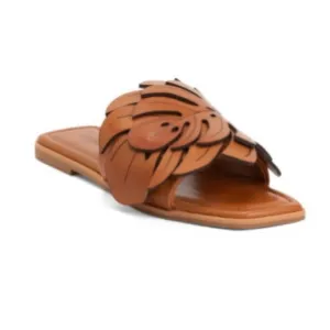 NEW FARM Rio Flat Monstera Sandal Rust Brown with Tropical Print Dust Bag Size 8