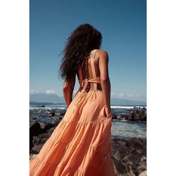 New Free People Auralie Maxi Dress FREE-EST $128 X-SMALL Orange Boho Chic