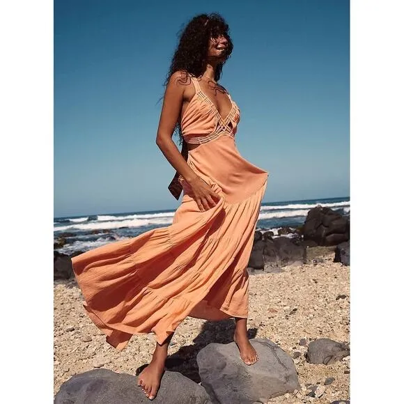 New Free People Auralie Maxi Dress FREE-EST $128 X-SMALL Orange Boho Chic