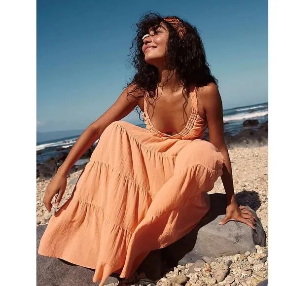 New Free People Auralie Maxi Dress FREE-EST $128 X-SMALL Orange Boho Chic