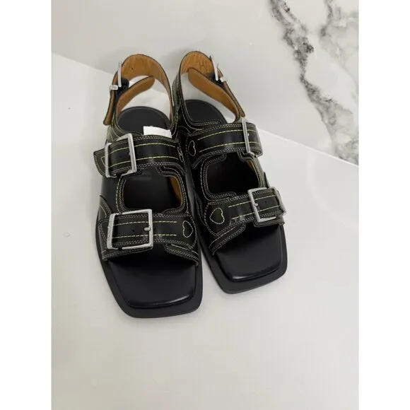 NEW Ganni Embroidered Western Dual Buckle Leather Sandals size EU40 US 9 Black