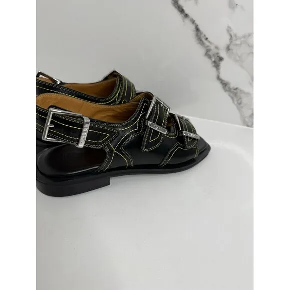 NEW Ganni Embroidered Western Dual Buckle Leather Sandals size EU40 US 9 Black