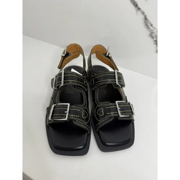 NEW Ganni Embroidered Western Dual Buckle Leather Sandals size EU40 US 9 Black