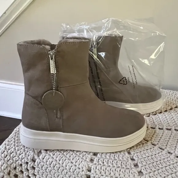 New in Box J/Slides Taupe Suede Lux Faux Fur-Lined, Truly Double-Zip Ankle Boots
