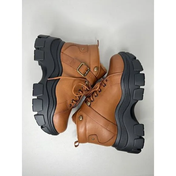 New Jeffrey Campbell Accel Boot Lugged Sole Faux Fur Ankle Booties Tan Size 7
