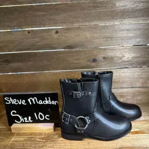 New Kids Steve Madden Beckky Black Faux Leather Harness Moto Biker Boots Size 10
