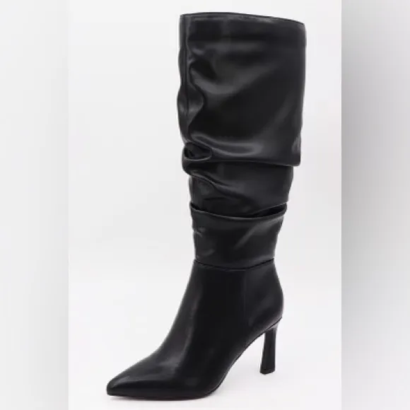 NEW ! KNEE HIGH SCRUNCH DETAIL STILETTO HEEL BLACK FAUX LEATHER BOOT