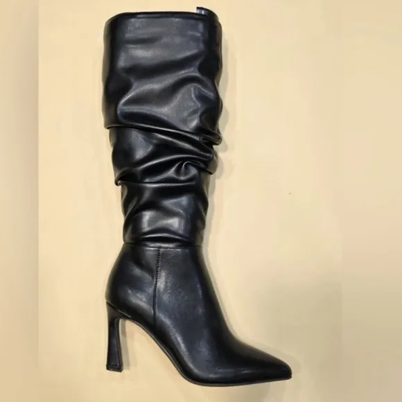 NEW ! KNEE HIGH SCRUNCH DETAIL STILETTO HEEL BLACK FAUX LEATHER BOOT