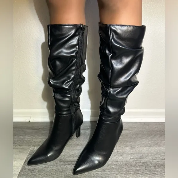 NEW ! KNEE HIGH SCRUNCH DETAIL STILETTO HEEL BLACK FAUX LEATHER BOOT