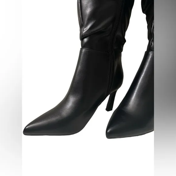 NEW ! KNEE HIGH SCRUNCH DETAIL STILETTO HEEL BLACK FAUX LEATHER BOOT