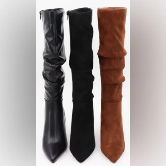 NEW ! KNEE HIGH SCRUNCH DETAIL STILETTO HEEL BLACK FAUX LEATHER BOOT