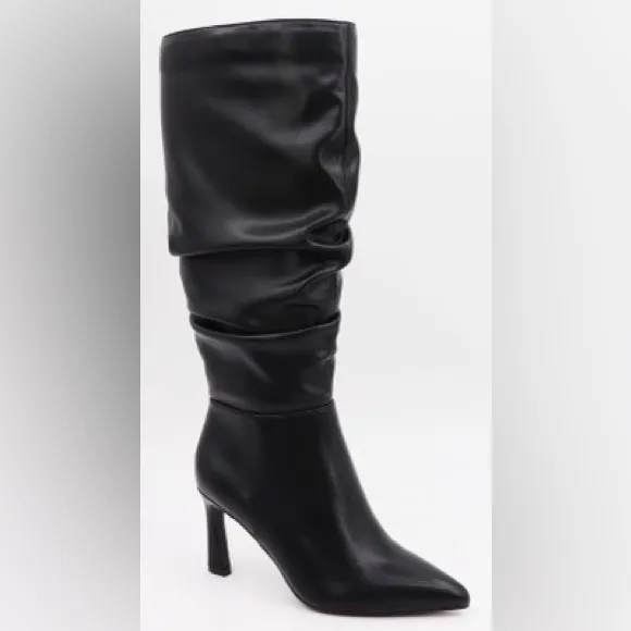 NEW ! KNEE HIGH SCRUNCH DETAIL STILETTO HEEL BLACK FAUX LEATHER BOOT