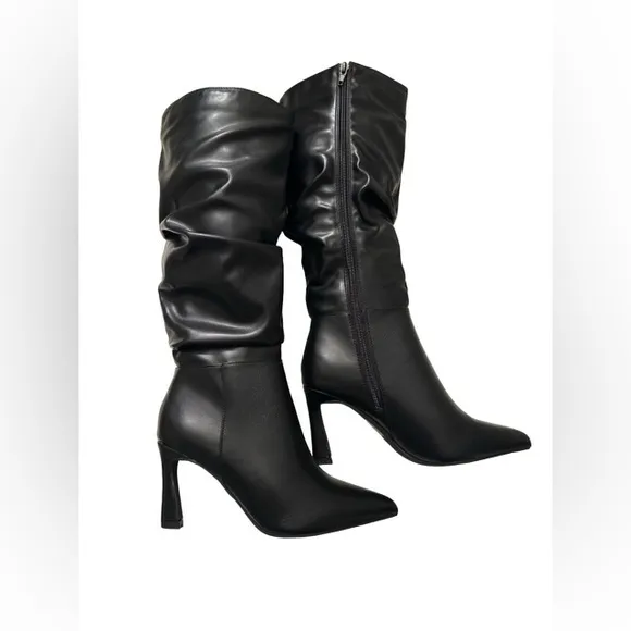 NEW ! KNEE HIGH SCRUNCH DETAIL STILETTO HEEL BLACK FAUX LEATHER BOOT