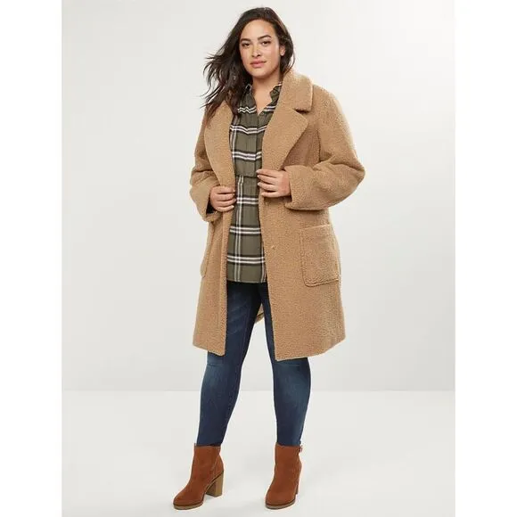NEW Lane Bryant teddy jacket plus size 22/24 3X brown pockets mid length cozy
