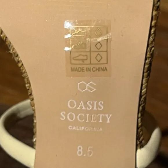 NEW Oasis Society Raffia Strappy Heeled Slip On Square Toe Sandals Beige