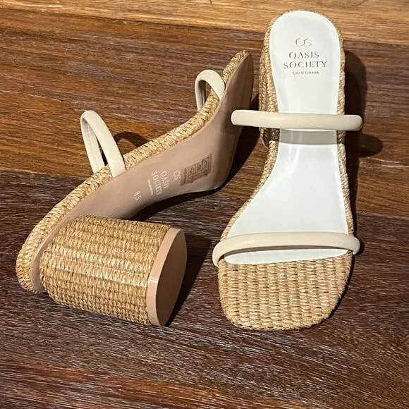 NEW Oasis Society Raffia Strappy Heeled Slip On Square Toe Sandals Beige
