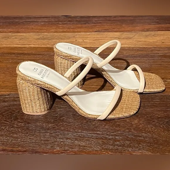 NEW Oasis Society Raffia Strappy Heeled Slip On Square Toe Sandals Beige