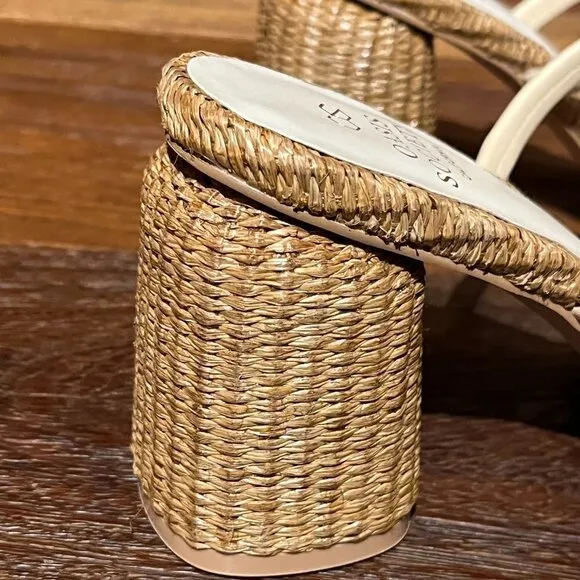 NEW Oasis Society Raffia Strappy Heeled Slip On Square Toe Sandals Beige