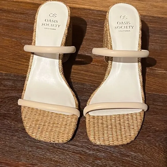 NEW Oasis Society Raffia Strappy Heeled Slip On Square Toe Sandals Beige