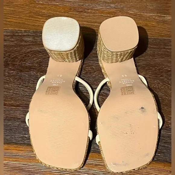 NEW Oasis Society Raffia Strappy Heeled Slip On Square Toe Sandals Beige
