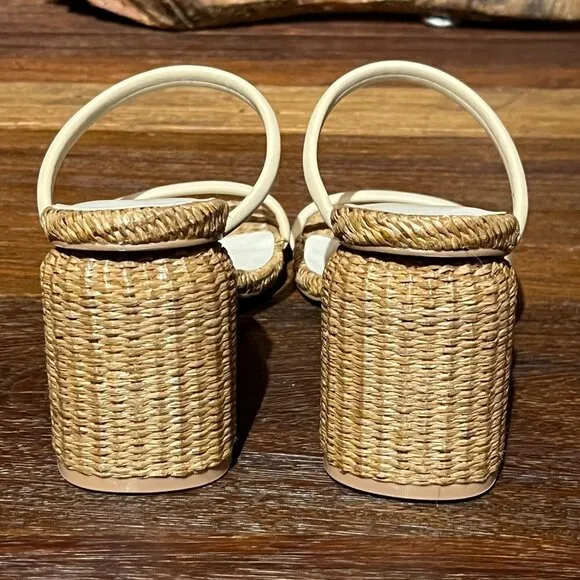 NEW Oasis Society Raffia Strappy Heeled Slip On Square Toe Sandals Beige