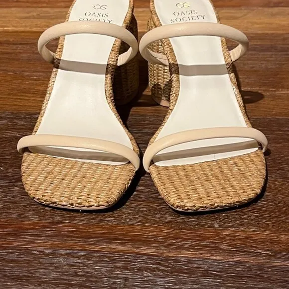 NEW Oasis Society Raffia Strappy Heeled Slip On Square Toe Sandals Beige