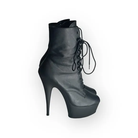 new Pleaser 𖤐 Delight 1020 Platform Stiletto Lace Up Boot 𖤐 Black Faux Leather