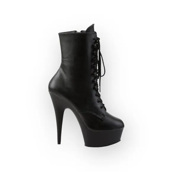 new Pleaser 𖤐 Delight 1020 Platform Stiletto Lace Up Boot 𖤐 Black Faux Leather