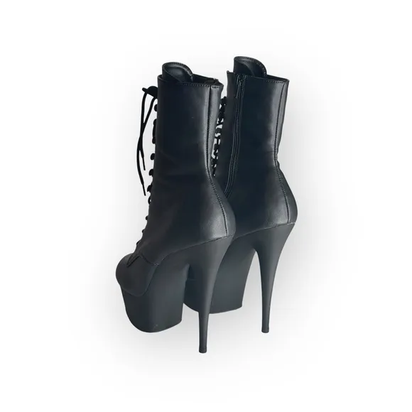 new Pleaser 𖤐 Delight 1020 Platform Stiletto Lace Up Boot 𖤐 Black Faux Leather