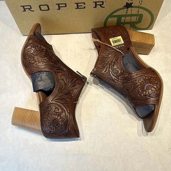 NEW Roper Mika Front Zip Sandals Sz 11 Brown Tooled Leather 3&quot; Heel Open Toe