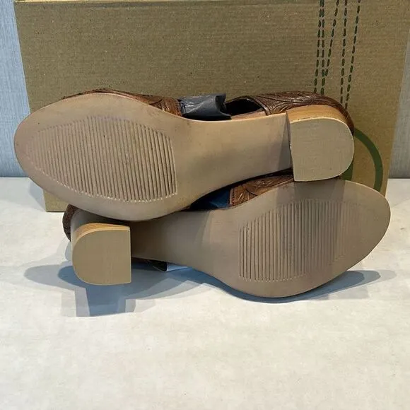 NEW Roper Mika Front Zip Sandals Sz 11 Brown Tooled Leather 3&quot; Heel Open Toe