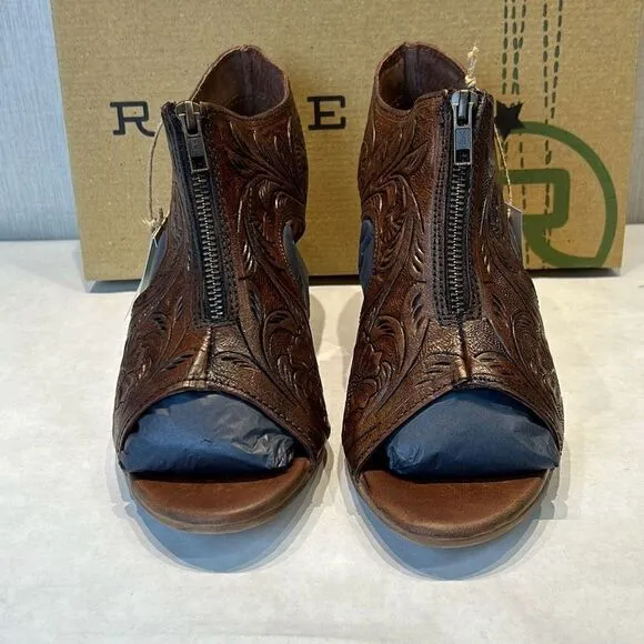 NEW Roper Mika Front Zip Sandals Sz 11 Brown Tooled Leather 3&quot; Heel Open Toe