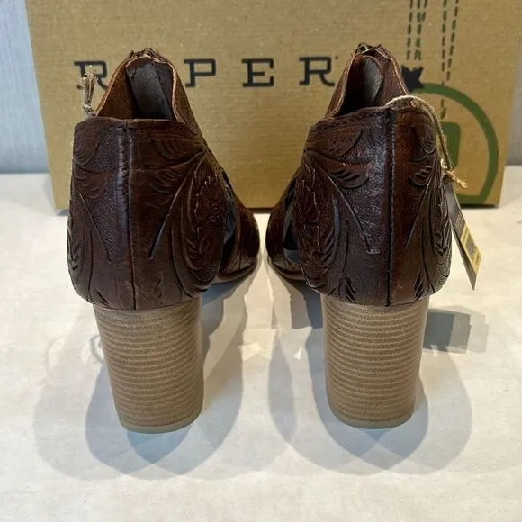 NEW Roper Mika Front Zip Sandals Sz 11 Brown Tooled Leather 3&quot; Heel Open Toe