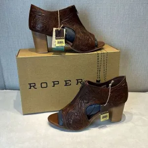 NEW Roper Mika Front Zip Sandals Sz 11 Brown Tooled Leather 3&quot; Heel Open Toe