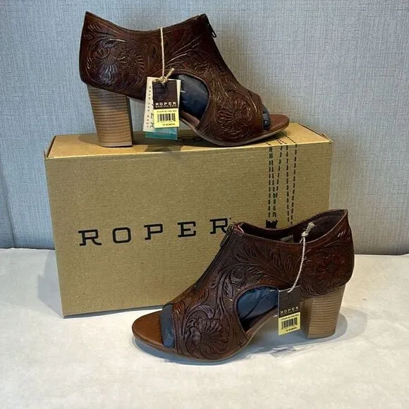 NEW Roper Mika Front Zip Sandals Sz 11 Brown Tooled Leather 3&quot; Heel Open Toe