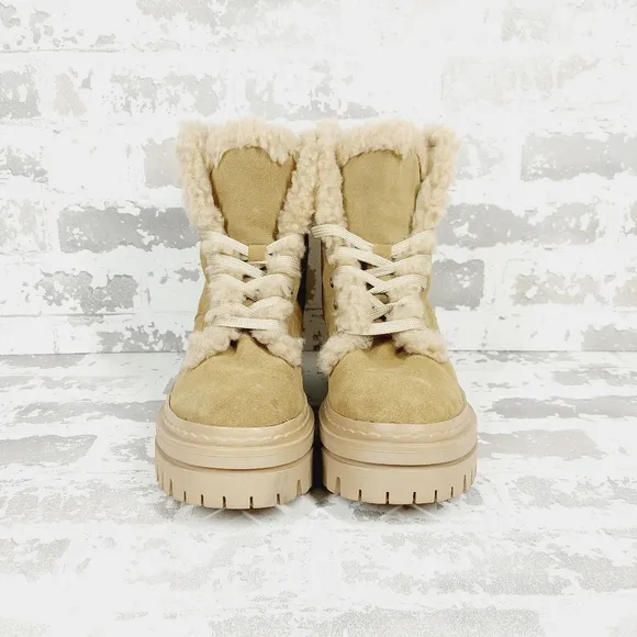 New Sam Edelman Kyler 2 Boot Taupe Suede Fauz Fur Lace Up Boots W782