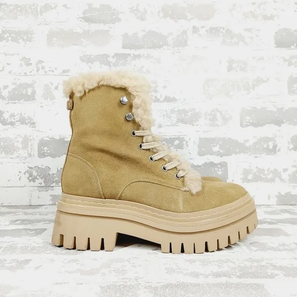 New Sam Edelman Kyler 2 Boot Taupe Suede Fauz Fur Lace Up Boots W782