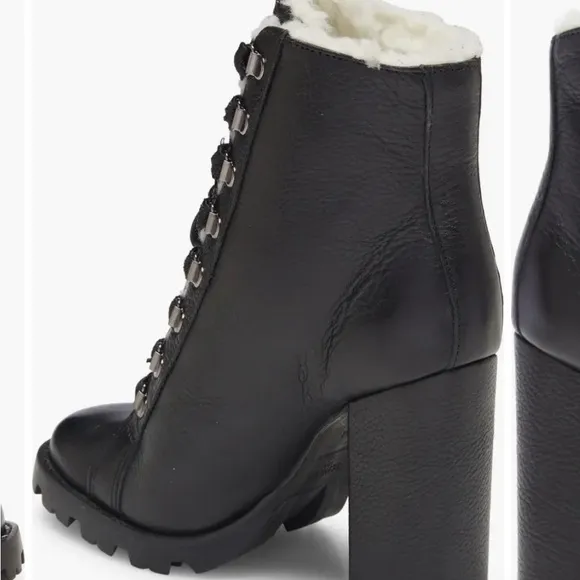 New! Schutz Zhara Black Leather SherpaLined Heeled Lace Up Boots Black